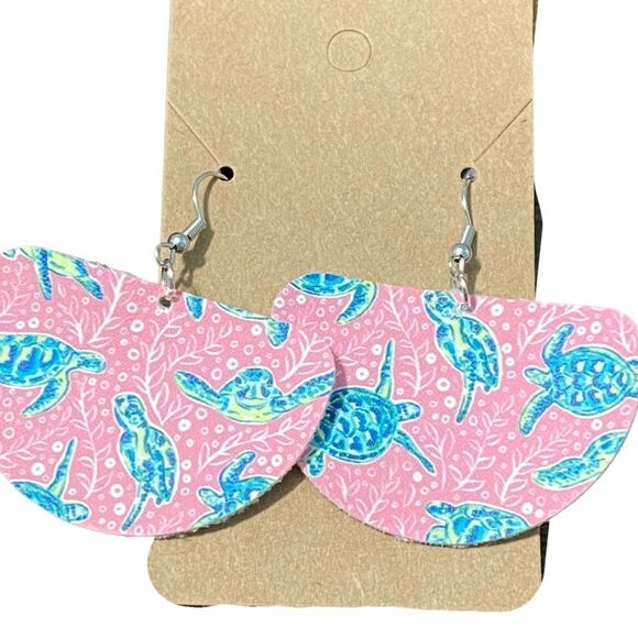 Statement Earrings Sea Turtle Dangle Drop Slip On Earrings Half Circle Pink Blue - Picture 5 of 5
